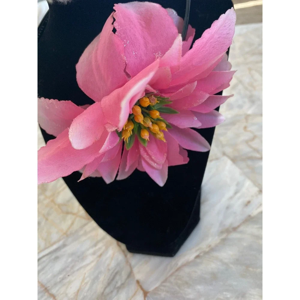 Pink Floral Headband Large Fabric Flower Glitter Accents Tropical Style Black